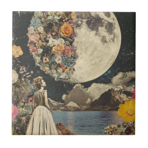 Vintage Sepia Moon Floral Garden Surrealism Tile