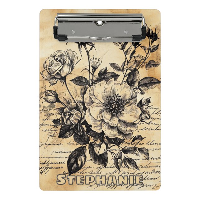 Vintage Sepia Rose Botanical Sketch Floral Script Mini Clipboard (Front)