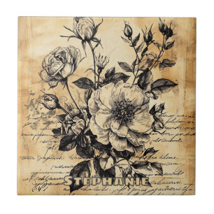 Vintage Sepia Rose Botanical Sketch Floral Script Tile