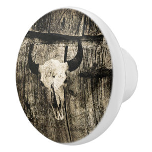 Vintage Sepia Rustic Farm Buffalo Skull Wood Barn Ceramic Knob