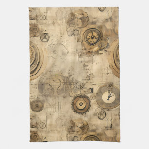 Vintage Sepia Steampunk Clocks and Mechanical Gear Tea Towel