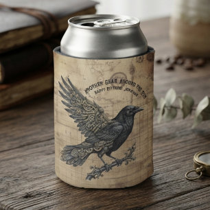 Vintage Sepia Steampunk Raven Birthday Can Cooler