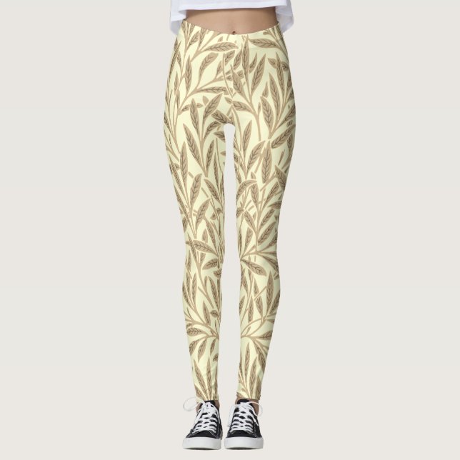 Vintage Sepia Tan Willow Leaves Botanical Leggings (Front)