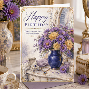 Vintage September Asters Sapphires Happy Birthday Card