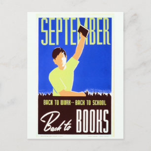 Vintage september back to work, school, books WPA Postcard