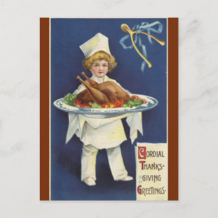 Vintage Server With Platter of Thanksgiving Dinner Postcard