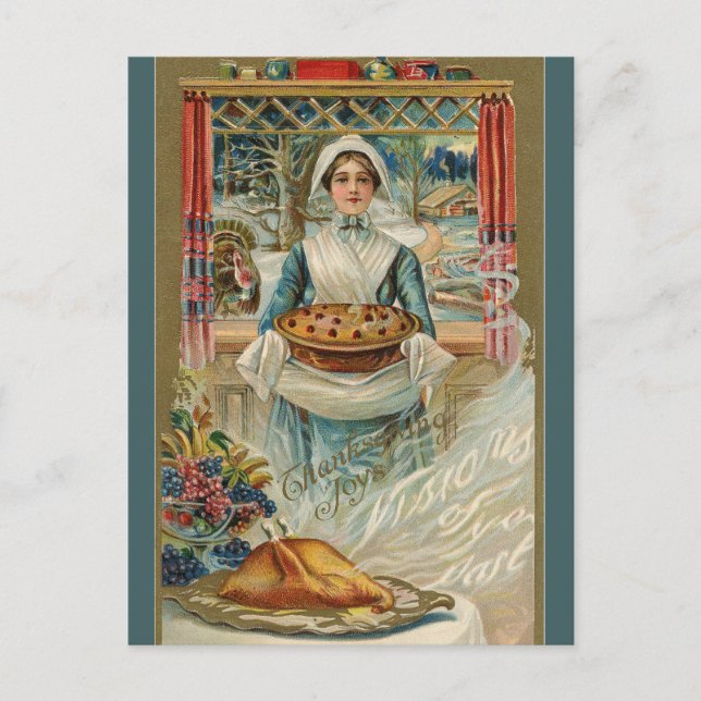 Vintage Serving Pie at Thanksgiving Postcard (Front)