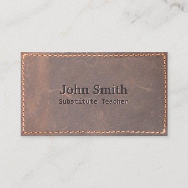 Vintage Sewed Leather Substitute Teacher Business Card (Front)