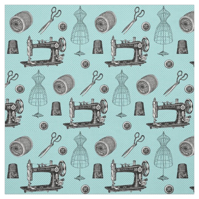 Vintage Sewing Aqua Fabric (Swatch)