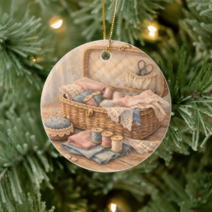 Vintage Sewing Basket Cottagecore Pastel Ceramic Tree Decoration