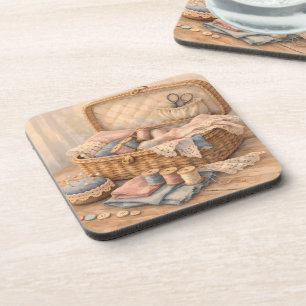 Vintage Sewing Basket Cottagecore Pastel Coaster