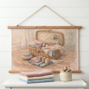 Vintage Sewing Basket Cottagecore Pastel Hanging Tapestry