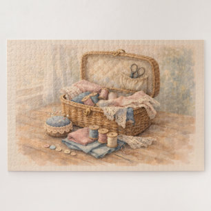 Vintage Sewing Basket Cottagecore Pastel Jigsaw Puzzle