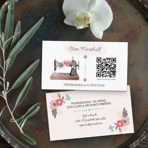 Vintage Sewing Machine and QR Code Boho Floral Business Card