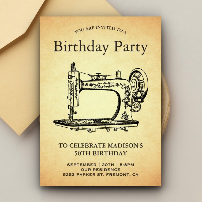 Vintage Sewing Machine Birthday Party Invitation (Creator Uploaded)