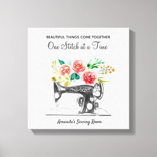 Vintage Sewing Machine Black White Quote Canvas Print (Front)