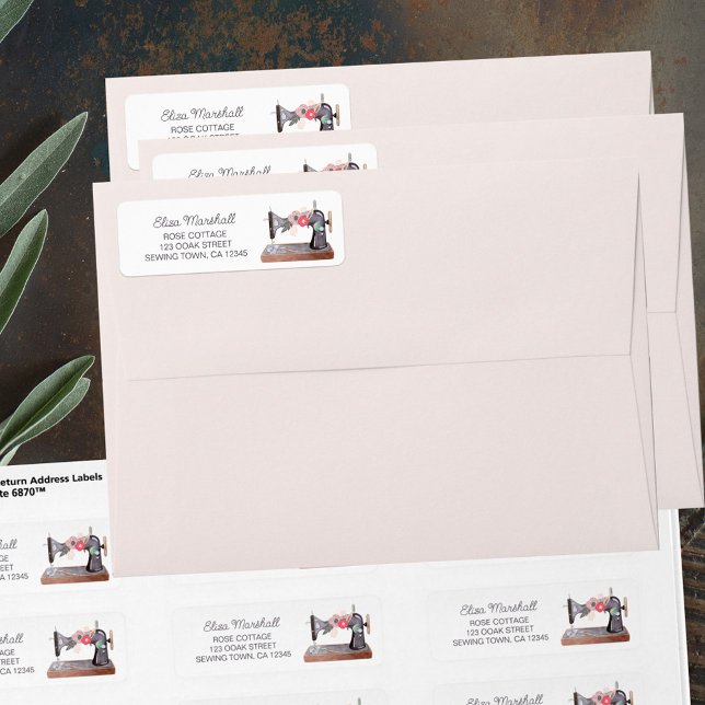 Vintage Sewing Machine Boho Floral Bouquet (Sewing themed return address labels with vintage sewing machine)