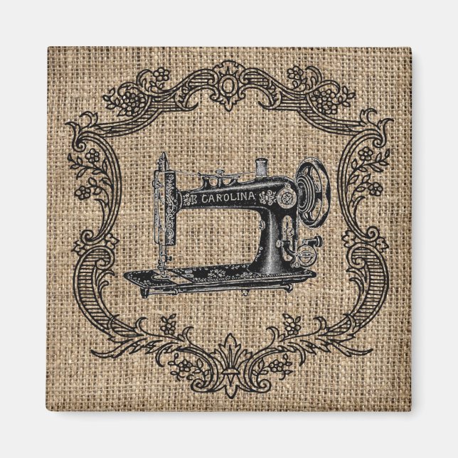 Vintage Sewing Machine Burlap Magnet (Front)