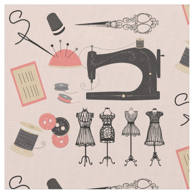 Vintage Sewing Machine Crafty Sew Theme Design Fabric (Close Up)