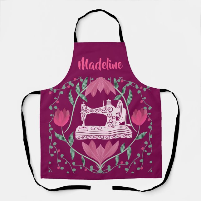 Vintage Sewing Machine & Floral Fuchsia Apron (Front)