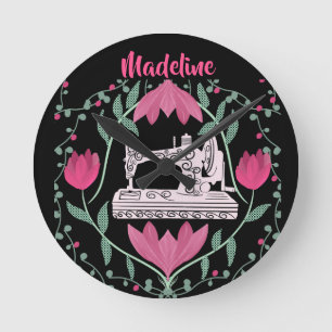 Vintage Sewing Machine:Floral Pattern Personalised Round Clock