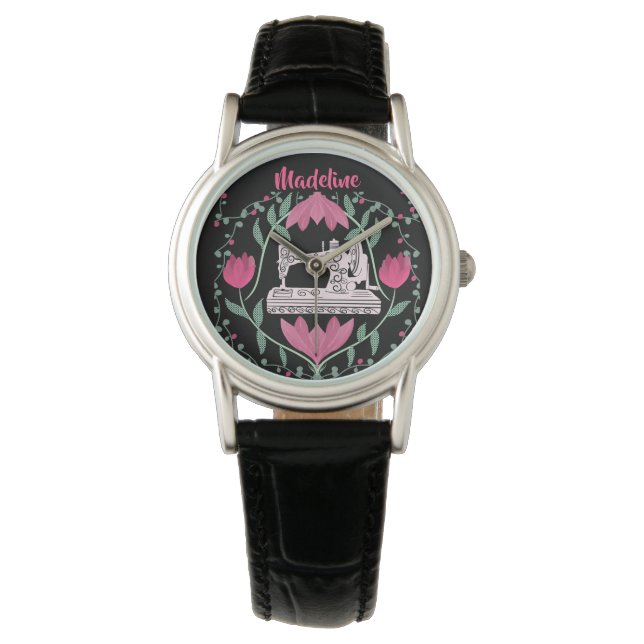 Vintage Sewing Machine:Floral Pattern Personalised Watch (Front)
