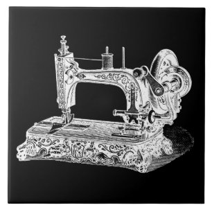 Vintage Sewing Machine Retro Machines White Black Tile