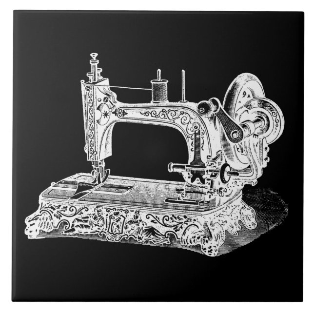 Vintage Sewing Machine Retro Machines White Black Tile (Front)