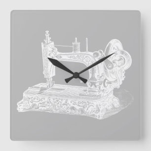 Vintage Sewing Machine - Retro Machines White Grey Square Wall Clock