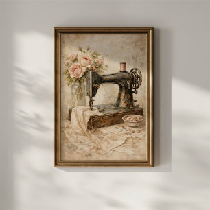 Vintage Sewing Machine Roses Poster
