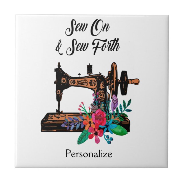 Vintage Sewing Machine with Cute Quote Personalise Tile (Front)