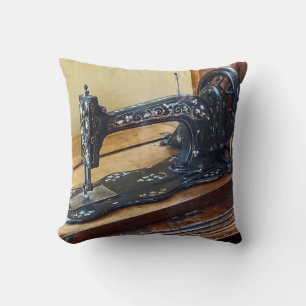 Vintage Sewing Machine With Floral Motif Cushion