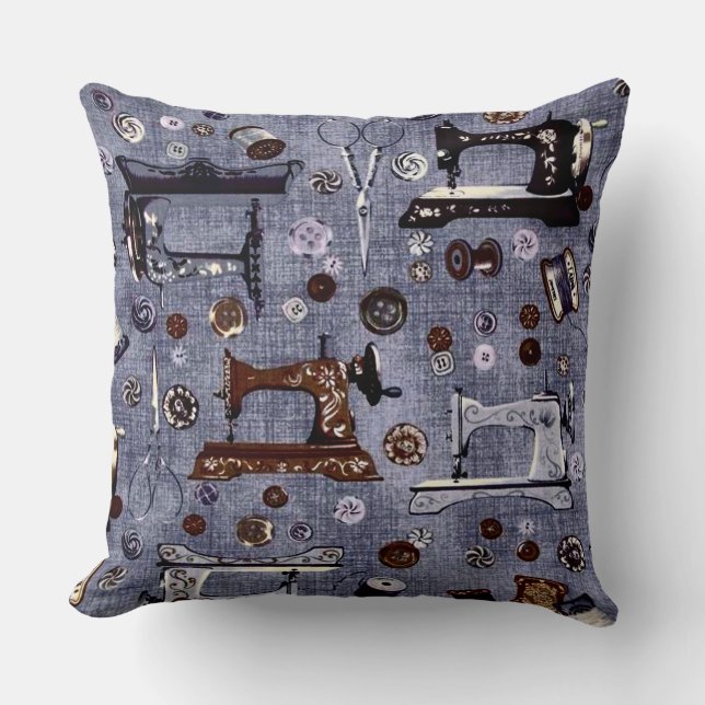 Vintage Sewing Machines Seamstress Throw Pillow (Front)