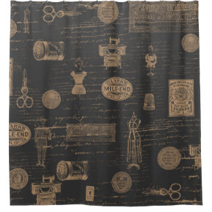 Vintage Sewing Notions Black Shower Curtain