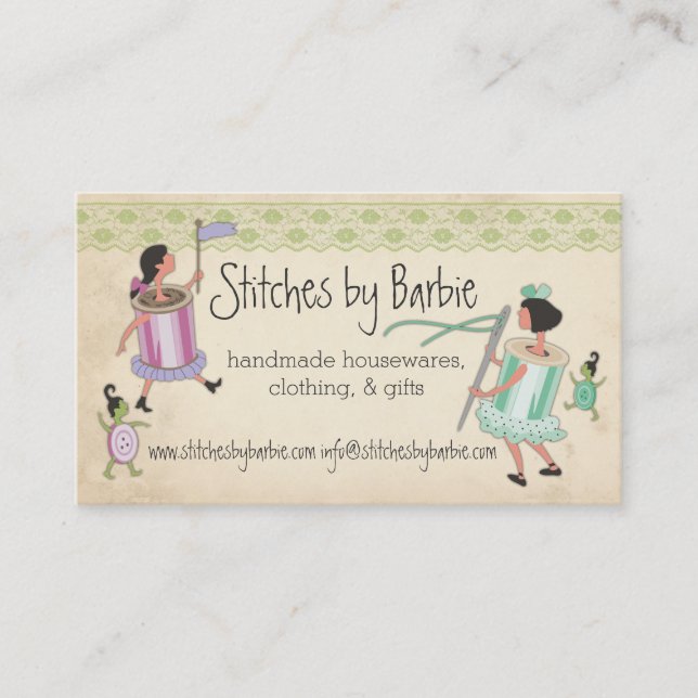 Vintage sewing notions people parade seamstress business card (Front)