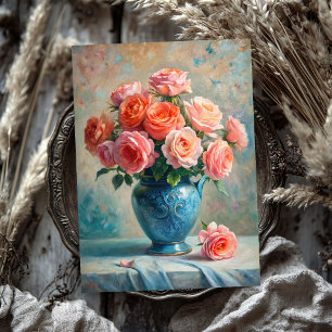 Vintage shabby blush roses bouquet in blue vase tissue paper