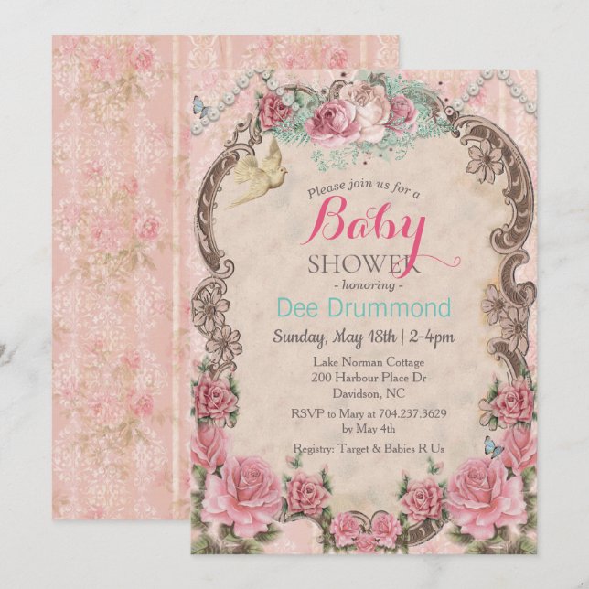 Vintage Shabby Chic Baby Shower Floral  Invitation (Front/Back)