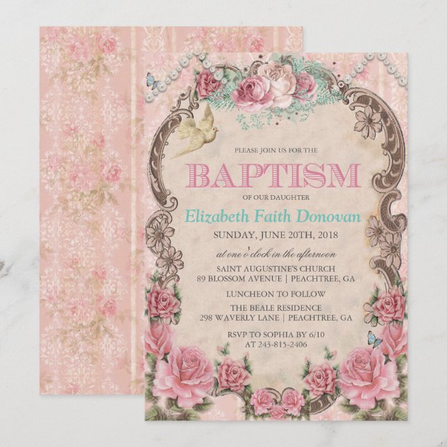 Vintage Shabby Chic Baptism Invitation (Front/Back)