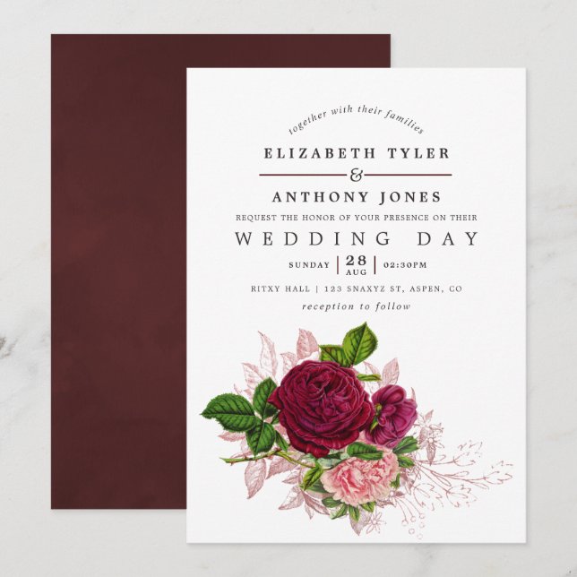Vintage Shabby-Chic Blush and Burgundy Wedding Invitation (Front/Back)