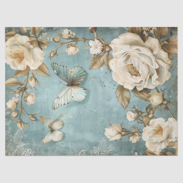 Vintage shabby chic butterfly & roses tissue paper (Front)