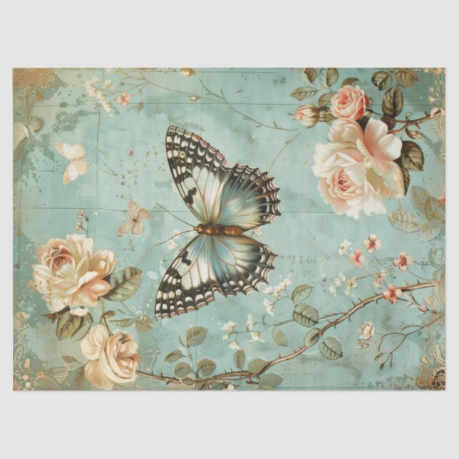 Vintage shabby chic butterfly & roses tissue paper (Front)