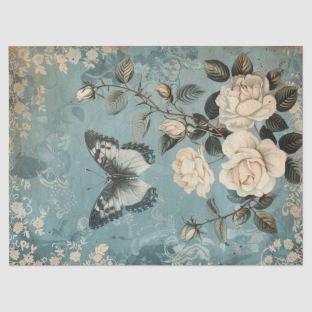 Vintage shabby chic butterfly & roses tissue paper (Front)