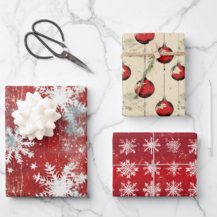 Vintage Shabby Chic Christmas Red Mix Trio Wrapping Paper Sheet