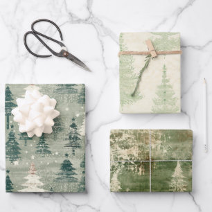Vintage Shabby Chic Christmas Tree Green Mix Trio Wrapping Paper Sheet
