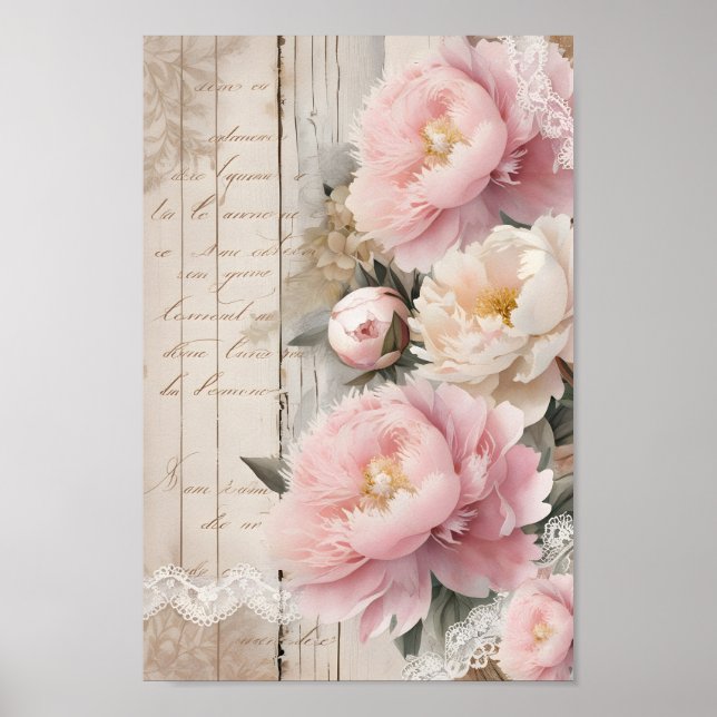  Vintage Shabby Chic Decoupage Peonies Wall Art (Front)