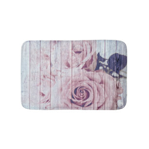 Vintage Shabby Chic Dusky Pink Roses On Wood Bath Mat