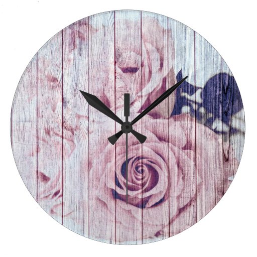 Image of Vintage Shabby Chic Dusky Pink Roses On Wood Large Clock