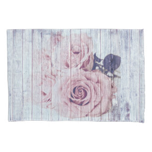 Vintage Shabby Chic Dusky Pink Roses On Wood Pillowcase