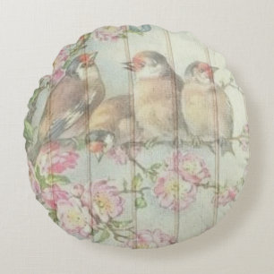 Vintage Shabby Chic Faded Floral Birds Design Roun Round Cushion
