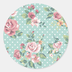 Vintage shabby chic floral teal pink girly classic round sticker